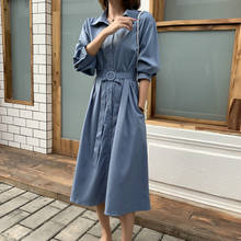 Vestido camisero de manga larga con cuello vuelto para mujer, ropa informal de talla grande, estilo coreano, azul, primavera y otoño, novedad de 2021 2024 - compra barato