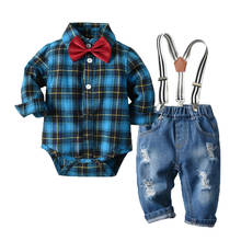 Bebê menino gravata borboleta xadrez roupas jeans de algodão macacão jeans para cavalheiro roupas 6-24m 2024 - compre barato