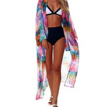 Womens Beach Vacation Swimsuit Cover Up Rainbow Colored Feathers Digital Printed Open Front Kimono Cardigan Semi Sheer Maxi Robe 2024 - buy cheap