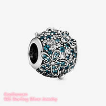 Spring 100% Original 925 Sterling Silver Teal Pavé Daisy Flower Charm beads Fits Pandora bracelets Jewelry Making 2024 - buy cheap