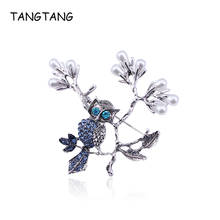 TANGTANG Large Brooch Blue Crystal Eyes Owl Brooch On Branch Simulated White Pearl Antique Metal Brooch Pin For Women Unique 2024 - buy cheap