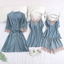 4pcs night Suits for women Sexy Silk Satin Pajama Set summer Lace sleep tops robe Set Sleepwear nightwear For Women dropship 2024 - buy cheap