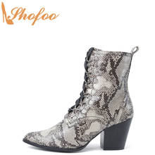 Snake Print Ankle Boots Woman High Chunky Heels Pointed Toe Booties Lace-Up Zip Large Size 40 41 Ladies Mature Sexy Shoes Shofoo 2024 - buy cheap