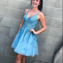 Light Blue Lace Short Homecoming Dress A Line Cheap Girls Cocktail Party Gowns 2020 Plus Size Women Graduation Gowns V-Neck 2024 - buy cheap