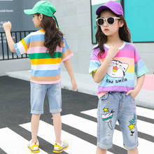 IENENS Summer Sets For Girl Short Sleeves Clothes Suit Cartoon T-shirt + Jeans Shorts Fit 4-13 Years Kids Cotton Clothing Outfit 2024 - buy cheap
