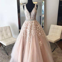 Formal Prom Dress A-line Deep V-neck Tulle Appliques Lace Beaded Long Prom Gown Evening Dresses Robe De Soiree 2024 - buy cheap