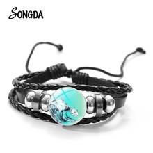 Hot Blue Waves Bracelet Ocean Theme Cartoon Organ Heart Hourglass Pattern Glass Buttons Handmade Leather Woven Bracelets 2024 - buy cheap