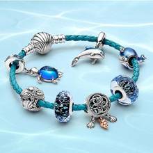 Pulsera de plata de ley 100% S925 para mujer, con diseño marino, azul, secreto, estrella de mar, Tortuga, concha de cristal, cuero 2024 - compra barato