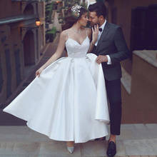 Vestido de novia corto de satén con cuello de pico, longitud hasta el tobillo, blanco, 2021 2024 - compra barato