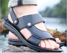 Sandálias masculinas de couro genuíno, sapatos pretos masculinos, calçados casuais clássicos para homens, chinelos de verão, sandálias praias confortáveis 2024 - compre barato
