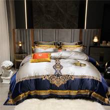 Conjunto de cama bordado chique dourado azul damask, conjunto de cama de cetim de algodão egípcio, capa de edredom e lençol com 4/6/11 peças 2024 - compre barato