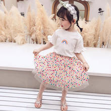 DFXD Summer Toddler Girl Clothing Sets New Design Kids Clothes White Short Sleeve T-shirt Yarn Dot Skirt 2pc Outfit Set For 2-7T 2024 - buy cheap