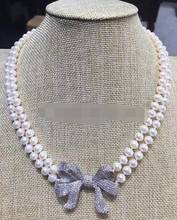 Ожерелье из пресноводного жемчуга круглой формы с цирконом, 19-20 дюймов, 8-9 мм, P7526 - 2 ряда 2024 - купить недорого