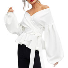 CINESSD Sexy V Neck Lantern Sleeves Women Blouses White Tops Solid Ruffles Bow Knot Lace Up Casual Shirts 2020 Black Lady Blouse 2024 - buy cheap