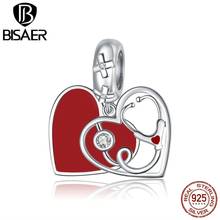 BISAER Stethoscope With Heart Charms 925 Sterling Silver Red Enamel Beads Pendant For Original Bracelets Necklaces Jewelry 2024 - buy cheap