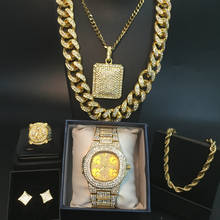 Conjunto de reloj de lujo para hombre, pulsera, anillo y pendientes, joyería cubana de cristal, Hip Hop, Miami, Color dorado 2024 - compra barato