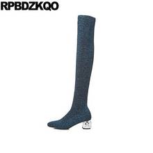 knit blue shoes thigh high boots for plus size women sock rhinestone chunky 41 ladies pearl 10 stretch over the knee slim big 2024 - buy cheap