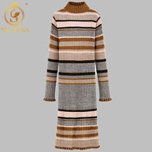 New Autumn And Winter Turtleneck Sweater Dress Women Colorful Stripe Runway Sweater Dress  Women Style Slim Sexy Long Knit Dress 2024 - buy cheap