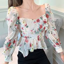 Blusa feminina flores gola quadrada liva, camisa feminina chiffon branca de um tamanho costas abertas 2024 - compre barato