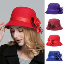 Elegant Ladies Formal Fedora Bowler Hats Fashion Vintage Women Hat Imitation Woolen Flower Autumn Winter Keep Warm Bucket Cap 2024 - buy cheap