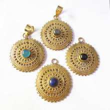 TBP029 Indian Vintage Jewelry Golden Brass Inlay Natural Stone Big Round Hollow Pendants 2024 - buy cheap