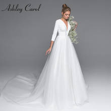 Ashley Carol Long Sleeve Wedding Dress 2022 Elegant Satin Backless V-neckline Button Bride Dresses A-Line Princess Vestido Novia 2024 - buy cheap