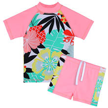 Maiô infantil baohulu com manga curta, roupa de banho para meninas, rosa, floral, duas peças, roupa de praia, upf 50 + sol, protetor 2024 - compre barato