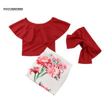 Conjunto de roupas para meninas pudcoco us, nova moda para crianças pequenas, tops com ombro de fora e saia floral 2024 - compre barato