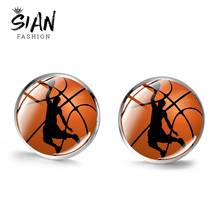 SIAN New Cute Basketball Football Stud Earrings Unique Baseball Glass Photo Silver Plated Earrings Jewelry Sport Lovers Jewelry 2024 - buy cheap