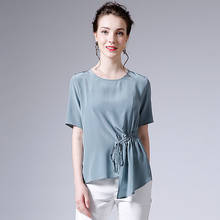 High Quality 100% Silk Blouse Women Shirt Solid Pleating Irregular Design O Neck Short Sleeve 2 Colors Casual Top New Fashion 2024 - buy cheap