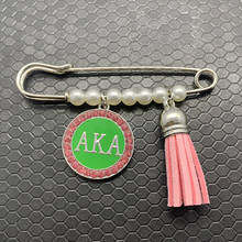 new arrival Pink rhinestone inlaid enamel round metal ALPHA sorority society pendant tassel pearl brooch pin 2024 - buy cheap