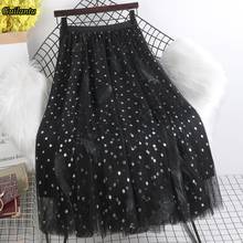 Guilantu Fashion Elastic High-waisted Long Skirt Women Clothes Mesh Embroidery Casual A Line Skirts Tulle Black Skirt Female 2024 - buy cheap