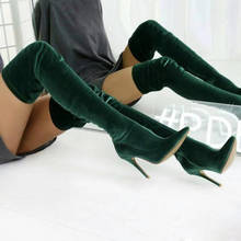 Botas de tacón alto de terciopelo para mujer, botines largos por encima de la rodilla con punta puntiaguda, moda urbana, color verde 2024 - compra barato