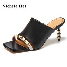 Vichelo-Zapatillas de piel auténtica con punta cuadrada para mujer, zapatos de tacón medio, estilo extraño, con remaches, L18 2024 - compra barato