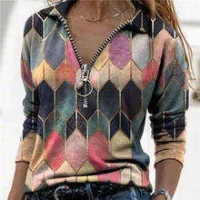 Fashion Pullover Lapel Geometric Rhombus Print Zipper Long Sleeve Casual Blouse Hoodies Spring Elegant Retro Women Tops 2024 - buy cheap