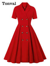 Tonval-vestido rojo elegante para mujer, vestidos de oficina de cintura alta con cuello con muescas y doble botonadura, Midi Vintage para primavera y verano, 2021 2024 - compra barato