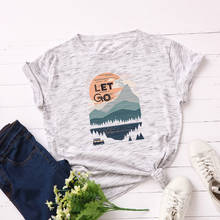 Camiseta feminina de algodão estampa paisagem, camiseta feminina manga curta 2024 - compre barato