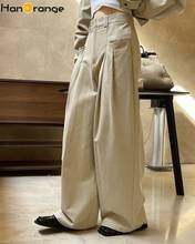 HanOrange-pantalones de pierna ancha con doble diseño plisado para mujer, pantalón informal de cintura alta, silueta holgada, Primavera, 2022 2024 - compra barato