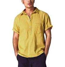 Camisa masculina de linho amarelo grande, camisa de manga curta com lapela para homens, camisa casual slim fit social para meninos, moda vogue para verão 2024 - compre barato