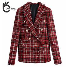 OneBling Women 2021 Double Breasted Tweed Check Blazers Coat Vintage Female Outerwear High Waist Skirt 2-piece Set Urban Outfits 2024 - buy cheap