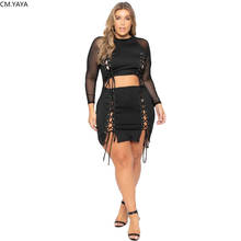 CM.YAYA Plus Size Women Cut Out Waist Mesh Patchwork Long Sleeve Lace Up Sexy Bodycon Midi Black Dress 2024 - buy cheap