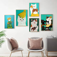 Poster moderno de gato fofo de desenho animado, poster de parede, pintura de tela, para sala, quarto de criança, decoração de berçário 2024 - compre barato