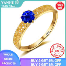 Anel de pedras preciosas azuis padrão yanhui oco 0.75ct anel de safira prata 925 joias aquamarine anel para mulheres anéis de noivado 2024 - compre barato