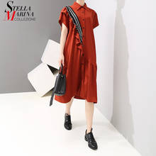 Estilo coreano para mujer de talla grande de verano rojo elegante vestido de la camisa de volantes Oficina vestido informal por debajo de la rodilla de estilo suelto traje para mujer 5053 2024 - compra barato
