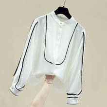 Blusa feminina branca de manga comprida, camisa de chiffon 2021, blusa feminina d743 2024 - compre barato