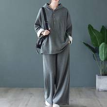 Two Piece Set Suit Hoodies Women 2022 Autumn Winter Cotton Knitted Hooded Tops Loose Long Pants 2 Piece Set 2024 - buy cheap