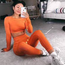 Sem costura yoga terno para a aptidão 2022 malha esporte outfit para a mulher roupas de ginástica manga longa colheita conjunto superior laranja amarelo 2024 - compre barato