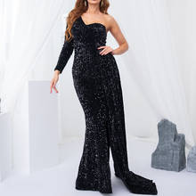 Long Sleeve One Shoulder Party Dress Split Leg Sexy Black Sequined Maxi Dresses Gown With Ribbon 2024 - buy cheap