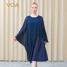 VOA Silk Jacquard Round Neck Bat Sleeve Asymmetric Collision Splicing Navy Blue Flowing Fake Two-piece Dress Female AE823 2024 - buy cheap