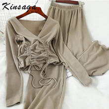 Korean 2 Pieces Knitting Lounge Set V Neck Drawstring Lace Up Long Sleeve Crop Top High Waist Wide Leg Pants Solid Women Sets 2024 - buy cheap